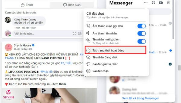 Tắt trạng thái hiển thị thời gian online trên giap diện khung chat facebook