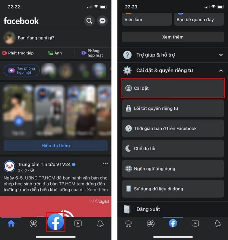Trên ứng dụng Facebook, hãy chọn biểu tượng tab mở rộng và vào mục "Cài đặt".
