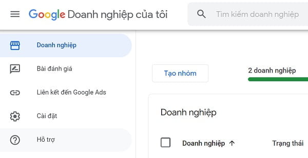 Nhấp vào "Hỗ trợ" trên menu Google Doanh nghiệp của tôi