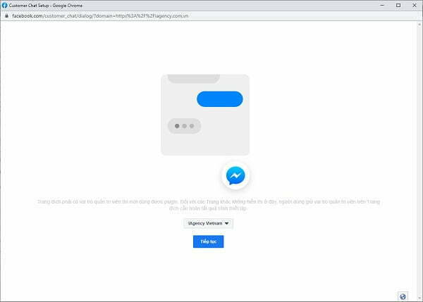 Nhấn 'tiếp tục' để tiến hành tích hợp facebook chat vào website